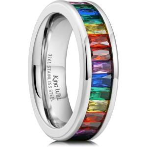 King Will 6mm Women Eternity Rings Colorful CZ Stackable Bands Polished Stainless Steel Anniversary Band Pipe Cut Engagement Ring Durable Comfort Fit Size 6-10(Colorful)