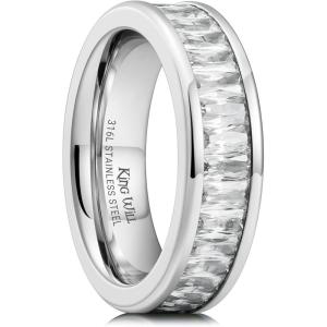 King Will 6mm Women Eternity Rings Colorful CZ Stackable Bands Polished Stainless Steel Anniversary Band Pipe Cut Engagement Ring Durable Comfort Fit Size 6-10(White)