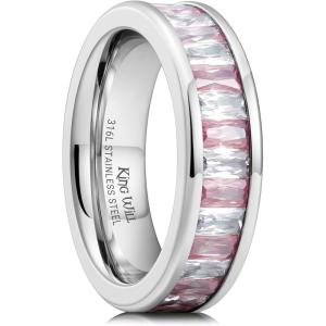 King Will 6mm Women Eternity Rings Colorful CZ Stackable Bands Polished Stainless Steel Anniversary Band Pipe Cut Engagement Ring Durable Comfort Fit Size 6-10(Pink&White)