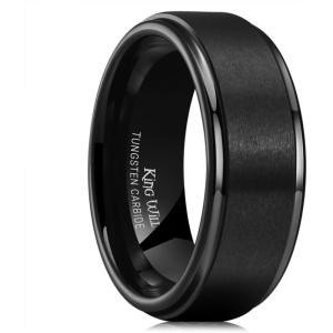 King Will 8mm Black Silver Mens Polished Tungsten Wedding Rings High Polish Surface Wedding Band Blue Silver Step Edge Comfort Fit(Black-Matte)