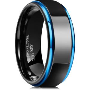 King Will 8mm Black Silver Mens Polished Tungsten Wedding Rings High Polish Surface Wedding Band Blue Silver Step Edge Comfort Fit(blue)