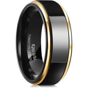 King Will 8mm Black Silver Mens Polished Tungsten Wedding Rings High Polish Surface Wedding Band Blue Silver Step Edge Comfort Fit(gold)