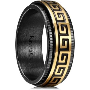 King Will 8mm Black Spinner Stainless Steel Ring Fidget Anxiety Ring for Men with Greek Key/Viking Pattern/Roman Numerals/Hammered Design(Black & Gold)