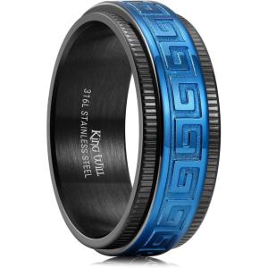 King Will 8mm Black Spinner Stainless Steel Ring Fidget Anxiety Ring for Men with Greek Key/Viking Pattern/Roman Numerals/Hammered Design(Black-Blue)