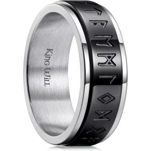 King Will 8mm Black Spinner Stainless Steel Ring Fidget Anxiety Ring for Men with Greek Key/Viking Pattern/Roman Numerals/Hammered Design(Center Black Silver)