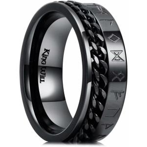 King Will 8mm Black Spinner Stainless Steel Ring Fidget Anxiety Ring for Men with Greek Key/Viking Pattern/Roman Numerals/Hammered Design(Chain Black)