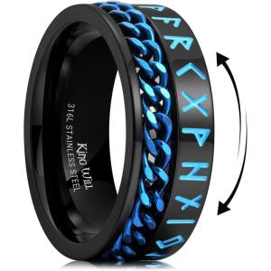 King Will 8mm Black Spinner Stainless Steel Ring Fidget Anxiety Ring for Men with Greek Key/Viking Pattern/Roman Numerals/Hammered Design(Chain-Black-Blue)