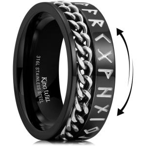King Will 8mm Black Spinner Stainless Steel Ring Fidget Anxiety Ring for Men with Greek Key/Viking Pattern/Roman Numerals/Hammered Design(Chain-Black-Sliver)