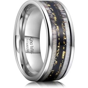 King Will 8mm Black Titanium Ring Sapele Wood Antlers Inlay Wedding Ring High Polished for Women Men Comfort Fit(Sliver-Black)