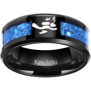 King Will 8mm Black Titanium Ring Wood/Blue Opal Inlaid Laser Tree/Diver Wedding Ring High Polished for Women Men Beveled Polished Edge(Blue)