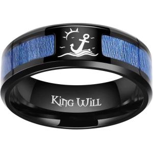 King Will 8mm Black Titanium Ring Wood/Blue Opal Inlaid Laser Tree/Diver Wedding Ring High Polished for Women Men Beveled Polished Edge(Blue Maple)