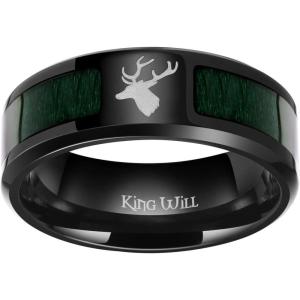 King Will 8mm Black Titanium Ring Wood/Blue Opal Inlaid Laser Tree/Diver Wedding Ring High Polished for Women Men Beveled Polished Edge(Green)