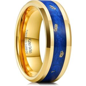 King Will 8mm Black/Gold Tungsten Rings, Men’s Wedding Rings Inlay Beveled Edge Ring for Men Women Comfort Fit, Durable(Blue&Gold)