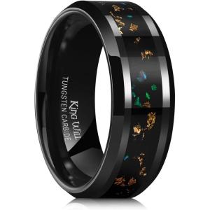 King Will 8mm Black/Gold Tungsten Rings, Men’s Wedding Rings Inlay Beveled Edge Ring for Men Women Comfort Fit, Durable(Opal&Gold)