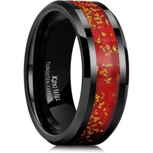 King Will 8mm Black/Gold Tungsten Rings, Men’s Wedding Rings Inlay Beveled Edge Ring for Men Women Comfort Fit, Durable(Red&Gold)