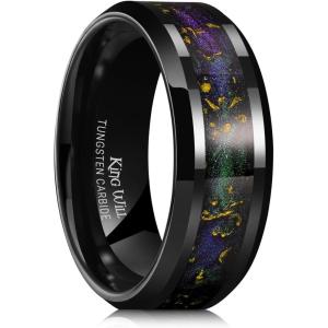King Will 8mm Black/Gold Tungsten Rings, Men’s Wedding Rings Inlay Beveled Edge Ring for Men Women Comfort Fit, Durable(black&purple&green&gold)