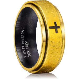 King Will 8mm Black/Gold/Silver Stainless Steel Ring Lord’s Prayer Rotatable Ring Men Wedding Band Rings Comfort Fit(Gold & Black)