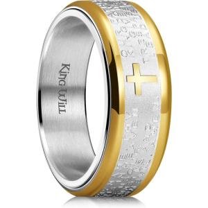 King Will 8mm Black/Gold/Silver Stainless Steel Ring Lord’s Prayer Rotatable Ring Men Wedding Band Rings Comfort Fit(Gold & Silver)