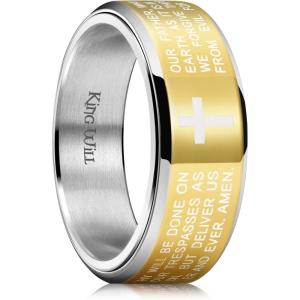 King Will 8mm Black/Gold/Silver Stainless Steel Ring Lord’s Prayer Rotatable Ring Men Wedding Band Rings Comfort Fit(Silver & Yellow)