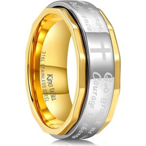 King Will 8mm Black/Gold/Silver Stainless Steel Ring Lord’s Prayer Rotatable Ring Men Wedding Band Rings Comfort Fit(cross silver & gold)