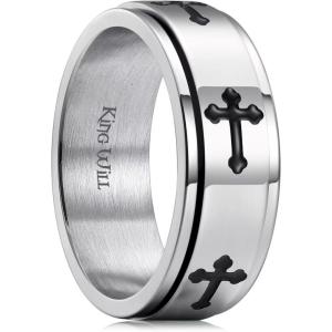 King Will 8mm Black/Gold/Silver Stainless Steel Ring Lord’s Prayer Rotatable Ring Men Wedding Band Rings Comfort Fit(cross silver)