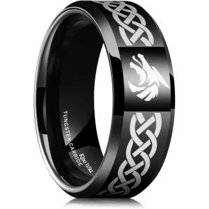 King Will 8mm Black/Silver/Blue Mens Tungsten Carbide Ring Laser Celtic Knot/Wolf Head/Dragon Polish Edge Wedding Band Comfort Fit(Black Wolf)