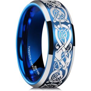 King Will 8mm Black/Silver/Blue Mens Tungsten Carbide Ring Laser Celtic Knot/Wolf Head/Dragon Polish Edge Wedding Band Comfort Fit(Blue & Silver Laser)