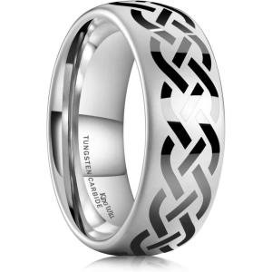 King Will 8mm Black/Silver/Blue Mens Tungsten Carbide Ring Laser Celtic Knot/Wolf Head/Dragon Polish Edge Wedding Band Comfort Fit(Domed)