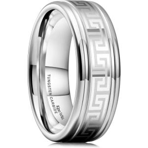 King Will 8mm Black/Silver/Blue Mens Tungsten Carbide Ring Laser Celtic Knot/Wolf Head/Dragon Polish Edge Wedding Band Comfort Fit(Greek Key)