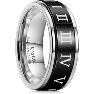 King Will 8mm Black/Silver/Blue Mens Tungsten Carbide Ring Laser Celtic Knot/Wolf Head/Dragon Polish Edge Wedding Band Comfort Fit(Roman Numerals)