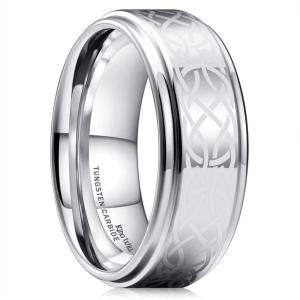 King Will 8mm Black/Silver/Blue Mens Tungsten Carbide Ring Laser Celtic Knot/Wolf Head/Dragon Polish Edge Wedding Band Comfort Fit(Silver)