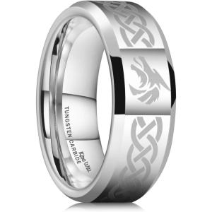 King Will 8mm Black/Silver/Blue Mens Tungsten Carbide Ring Laser Celtic Knot/Wolf Head/Dragon Polish Edge Wedding Band Comfort Fit(Silver Wolf)