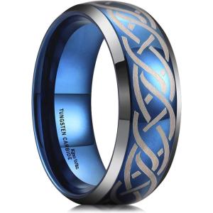 King Will 8mm Black/Silver/Blue Mens Tungsten Carbide Ring Laser Celtic Knot/Wolf Head/Dragon Polish Edge Wedding Band Comfort Fit(blue)