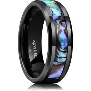 King Will 8mm Ceramic Ring Opal Shell Inlay Wedding Band Beveled Edge Promise Rings Comfort Fit Size 7-14(Black)