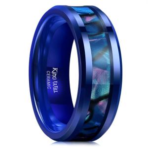 King Will 8mm Ceramic Ring Opal Shell Inlay Wedding Band Beveled Edge Promise Rings Comfort Fit Size 7-14(Blue)