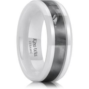 King Will 8mm Ceramic Ring Opal Shell Inlay Wedding Band Beveled Edge Promise Rings Comfort Fit Size 7-14(White)
