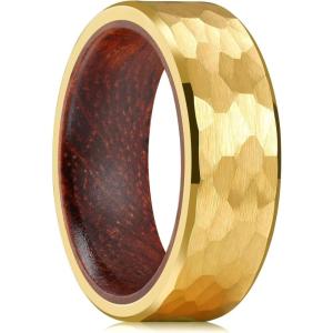 King Will 8mm Hammered Tungsten Carbide Mens Wedding Band KOA Wood Inner Inlay Ring Comfort Fit(wood-gold)