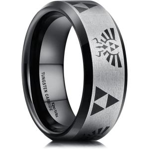 King Will 8mm Mens Black/Blue Tungsten Carbide Wedding Ring Game-Themed Laser Pattern Ring Matte Finished Plated Stepped Beveled Edges(Black)