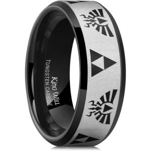 King Will 8mm Mens Black/Blue Tungsten Carbide Wedding Ring Game-Themed Laser Pattern Ring Matte Finished Plated Stepped Beveled Edges(Black 8mm)