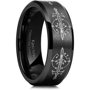 King Will 8mm Mens Black/Blue Tungsten Carbide Wedding Ring Game-Themed Laser Pattern Ring Matte Finished Plated Stepped Beveled Edges(Black-B)