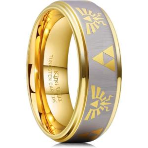 King Will 8mm Mens Black/Blue Tungsten Carbide Wedding Ring Game-Themed Laser Pattern Ring Matte Finished Plated Stepped Beveled Edges(Gold)