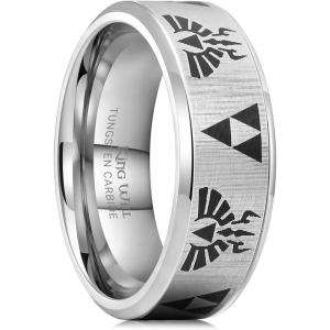 King Will 8mm Mens Black/Blue Tungsten Carbide Wedding Ring Game-Themed Laser Pattern Ring Matte Finished Plated Stepped Beveled Edges(Silver)