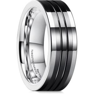 King Will 8mm Mens Silver Black Groove Tungsten Wedding Rings Black Groove Ceramic Center High Polished Surface Pipe Cut Edge Wedding Band for Men Women(silver-black)