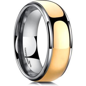 King Will 8mm Men’s Tungsten Carbide Silver/Gold/Rose Gold Ring Gold Domed High Polished/Grooved/Faceted/Sandstone Sticker Inlay Step Edge Comfort Fit Wedding Ring(A-gold-silver)
