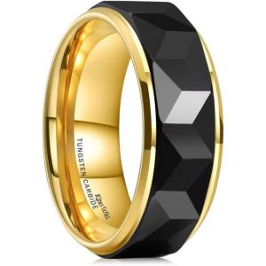 King Will 8mm Men’s Tungsten Carbide Silver/Gold/Rose Gold Ring Gold Domed High Polished/Grooved/Faceted/Sandstone Sticker Inlay Step Edge Comfort Fit Wedding Ring(C-gold-black)