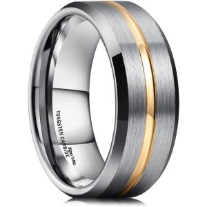 King Will 8mm Men’s Tungsten Carbide Silver/Gold/Rose Gold Ring Gold Domed High Polished/Grooved/Faceted/Sandstone Sticker Inlay Step Edge Comfort Fit Wedding Ring(B-gold-silver)