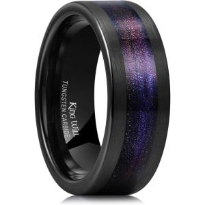 King Will 8mm Mens Tungsten Wedding Band Gorgeous Golden/Silver/Brown Flat Pipe Cut Carbide Ring Yellow/White/Mocha Green Sand Inlay Men’s Engagement Ring Matte Brushed Finish Comfort Fit Size 7-14(Black-Purple Orange Sand Inlay)