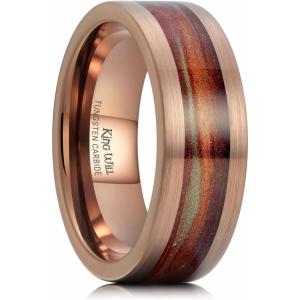 King Will 8mm Mens Tungsten Wedding Band Gorgeous Golden/Silver/Brown Flat Pipe Cut Carbide Ring Yellow/White/Mocha Green Sand Inlay Men’s Engagement Ring Matte Brushed Finish Comfort Fit Size 7-14(Brown)