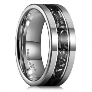 King Will 8mm Mens Tungsten Wedding Band Gorgeous Golden/Silver/Brown Flat Pipe Cut Carbide Ring Yellow/White/Mocha Green Sand Inlay Men’s Engagement Ring Matte Brushed Finish Comfort Fit Size 7-14(Gunmetal-Meteorite Inlay)