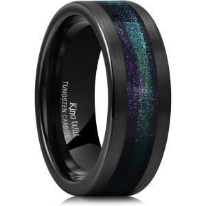 King Will 8mm Mens Tungsten Wedding Band Gorgeous Golden/Silver/Brown Flat Pipe Cut Carbide Ring Yellow/White/Mocha Green Sand Inlay Men’s Engagement Ring Matte Brushed Finish Comfort Fit Size 7-14(Black-Purple Blue Green Sand Inlay)